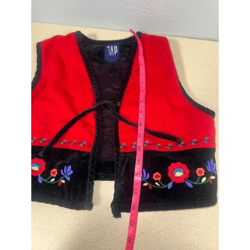 Vintage Gap Girls Floral Embroidered Wool Blend Vest Red Black XL Tie Front